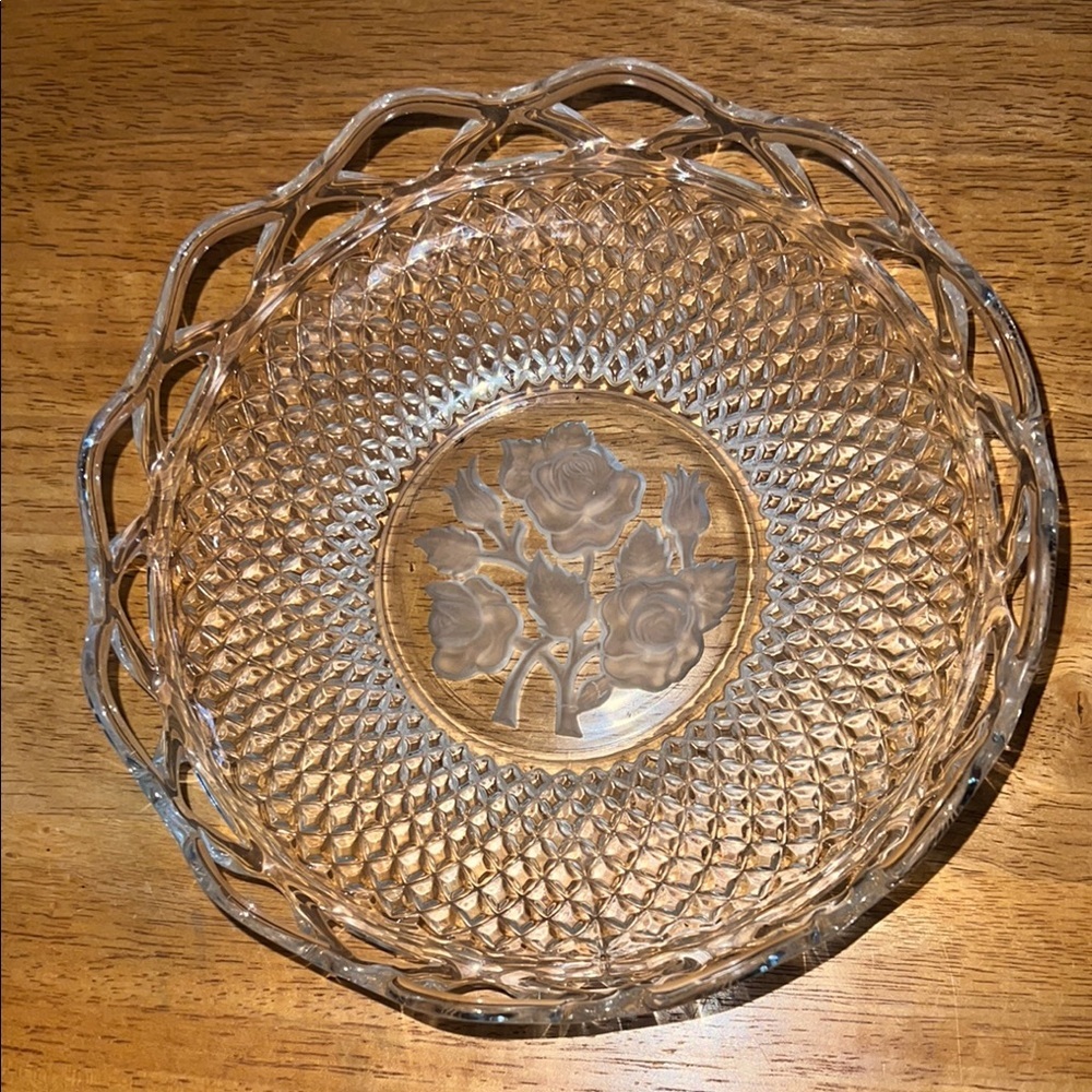 Vintage IMPERIAL GLASS Laced Rim Frosted Intaglio Rose Pressed Diamond Pattern